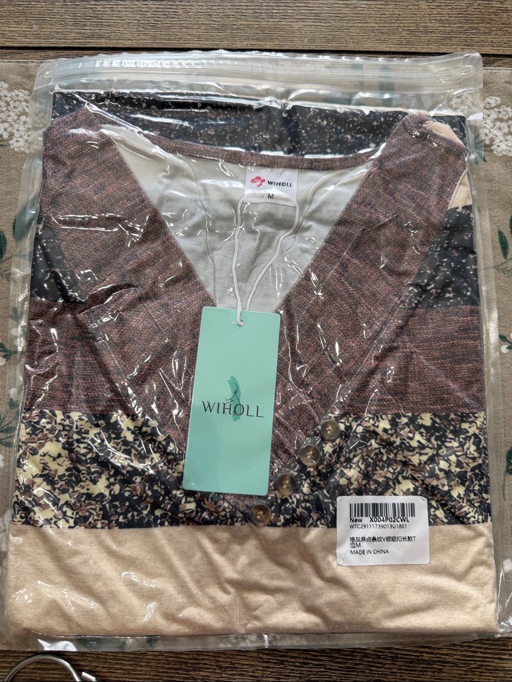 Striped V-Neck Long Sleeve Tee in Mauve & Cream by Wiholl Stretchy Lightweight M - Picture 5 of 5